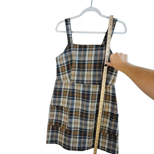 American Eagle Plaid Pinafore Dress Made‎ in Italy Brown Navy Sz M Pockets Mini - Image 8