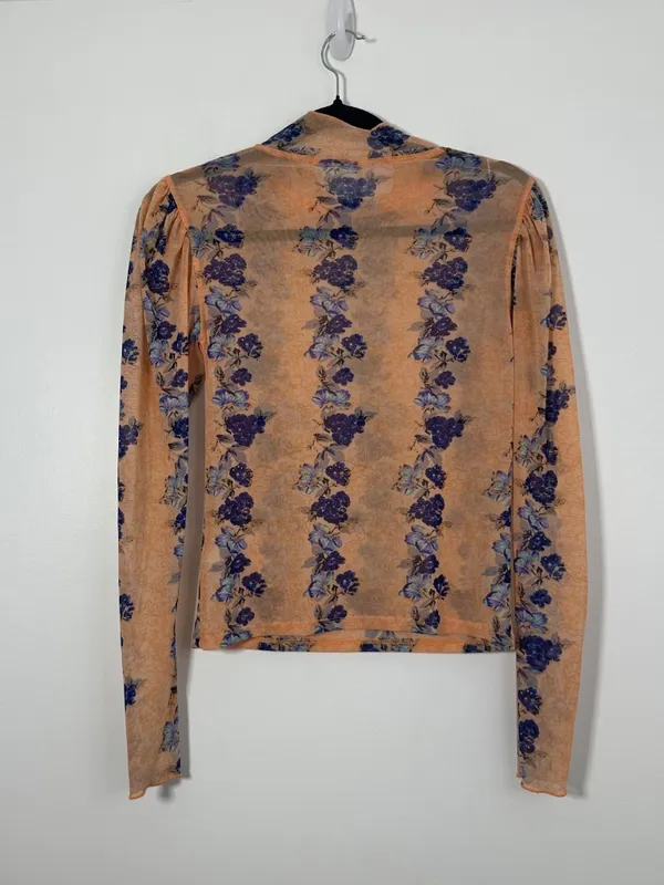 Free People Size XS Coral Floral High Neck Mesh Top Long-Sleeve Sheer Boho - Image 4