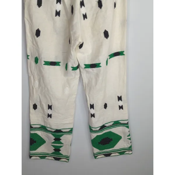 Zara White‎ & Green Geometric Embroidered Linen Pants Small Coastal Bohemian - Image 10