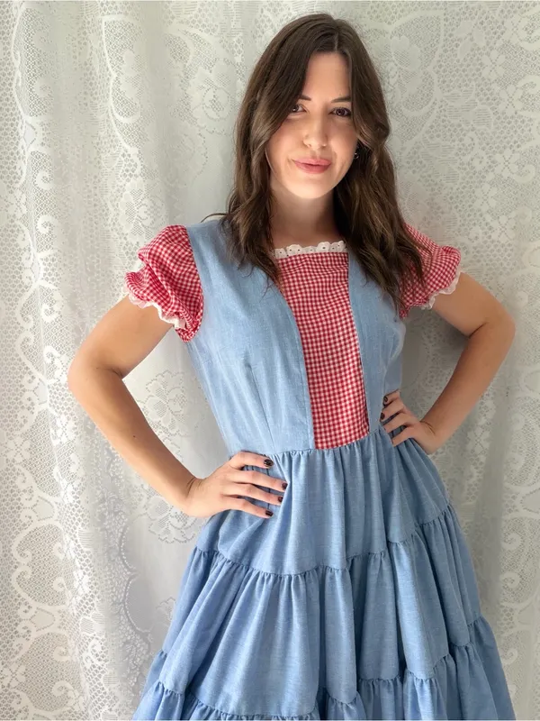 Vintage Handmade Blue Red Gingham Prairie Dress Cottagecore Puff Sleeve - Image 7