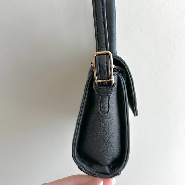 Small Black Top Handle Crossbody Faux Pebble Leather Snap Closure Bag - Image 5