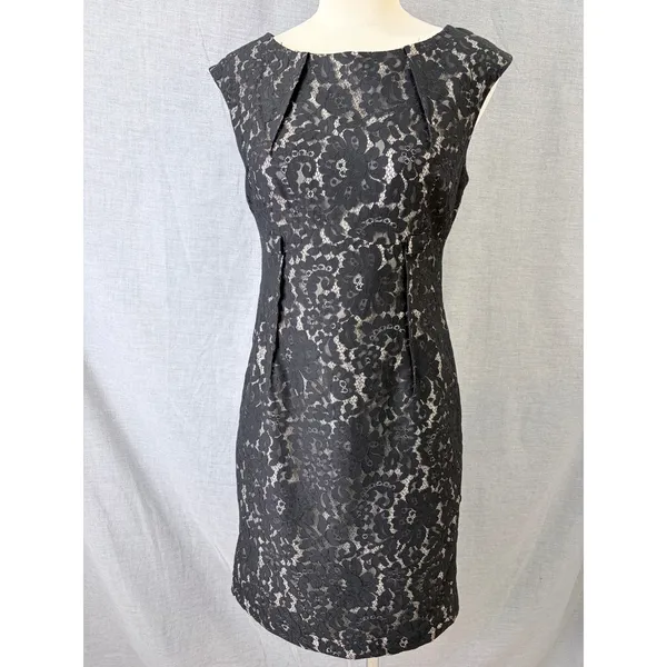 Calvin Klein Black Floral Lace Sheath Dress Boat Neck Sleeveless Size 6‎ - Image 4