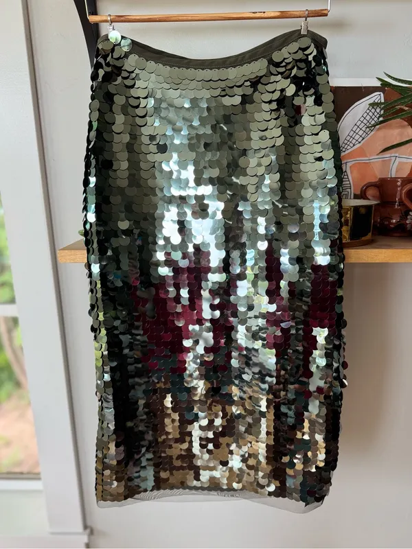 Scoop Olive Green Large Sequin Stretch Low Rise Midi Skirt Size Small NWT - Image 3