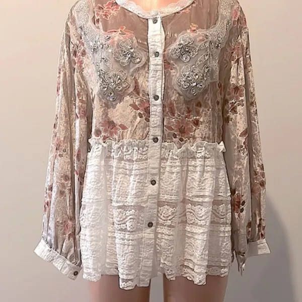 POL Velvet Burnout Lace Combo Embellished Tunic in Beige Combo sz medium - Image 6