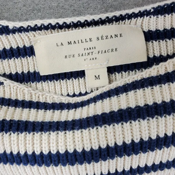 Sezane Leontine Sweater Women M Ecru Navy Striped Cotton Shoulder Button Knit - Image 2