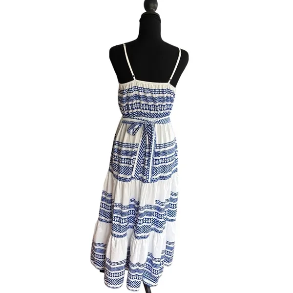 Boho Tiered‎ Maxi Dress White Blue Geometric Spaghetti Strap Summer - Image 3