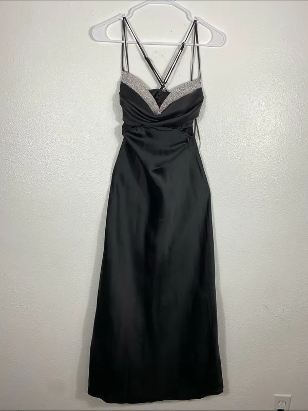 Hello Molly Black Satin Spaghetti-Strap Cutout Maxi Dress with Silver Trim SZ 4 - Image 5