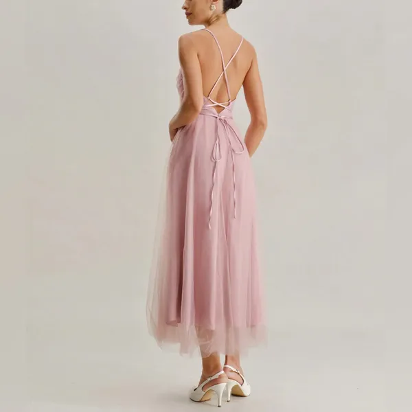 Rihoas Pink Mesh Flowy Slip Midi Dress - Image 4