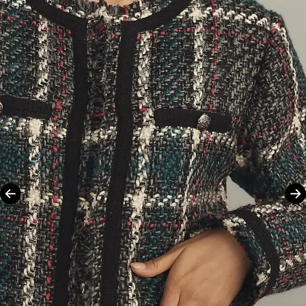 Anthropologie Plaid Bouclé Collarless Jacket in Teal, Black, White, Pink - Image 5