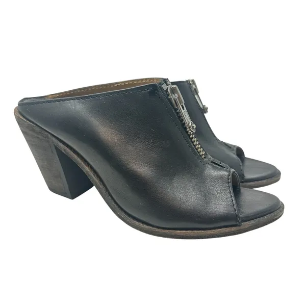 Frye Izzy Zip Moto Mule Heels Leather Open Toe Black‎ Size US 9.5 - Image 4