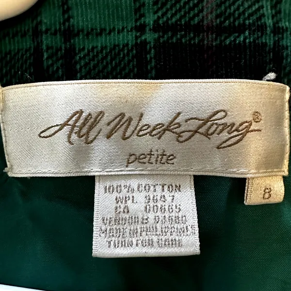 All Week Long Corduroy Dress 100% Cotton Wrap Button Up Gingham Plaid Green 8P - Image 3