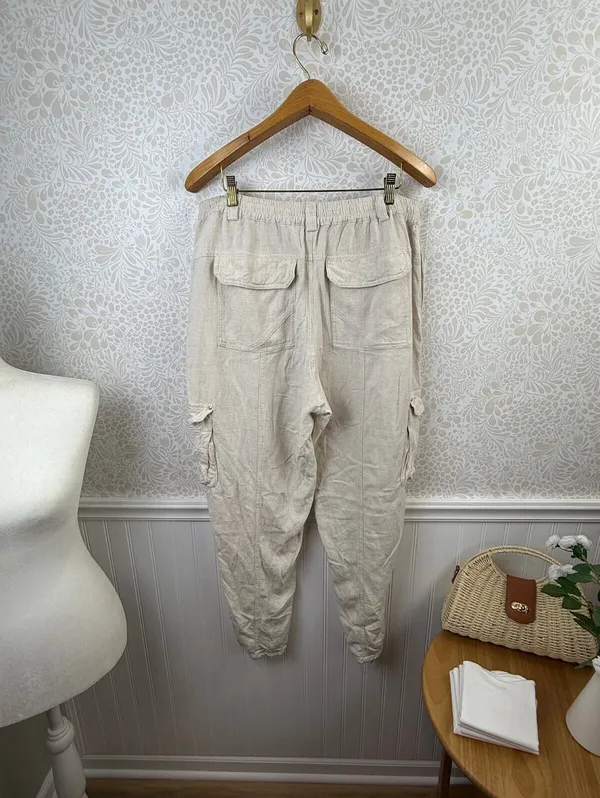 By Anthropologie Cream Linen Blend Beach Cargo Pants - Size - Medium - Image 6