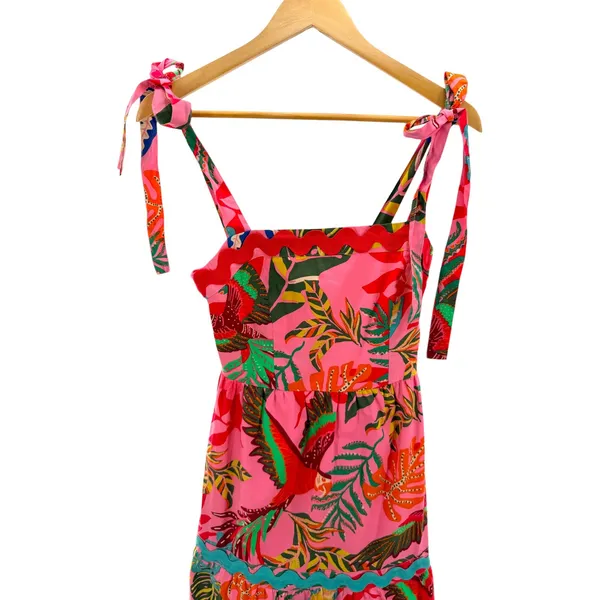 Avara Susana Maxi Dress XS NWT Pink Tropical Parrot Palm Rick Rack Cotton Tiered - Image 4
