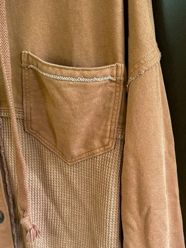 EUC American Eagle Waffle Button Front Hoodie Shacket Brown Generous XS - Image 3