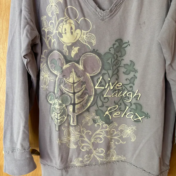 Disney Parks Sweatshirt Women Medium Purple Mickey Mouse Live Laugh Relax V-Neck - Image 5