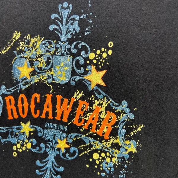 Y2K Rocawear Graphic Baby‎ Tee Black Blue Orange Glitter Logo Small Streetwear - Image 4
