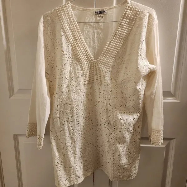 646 Main white eyelet embroidered short sleeve top tunic large 100% cotton - Image 4
