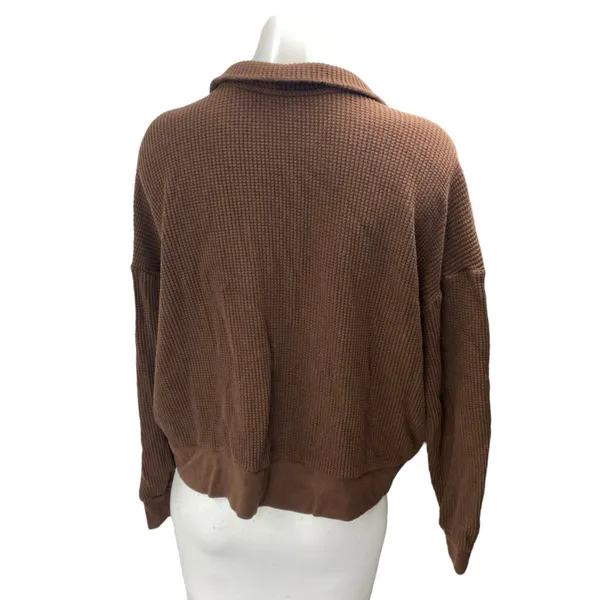 Set Active Women's Brown Long Sleeve Waffle Knit Thermal Polo Sweater Top Size L - Image 2