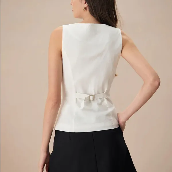 Rihoas White Single-breasted Cotton Vest - Image 5