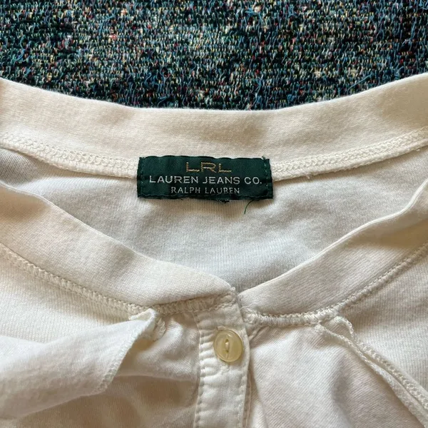 Lauren Jeans Co Ruffle Front ¼-Button Long Sleeve White Top Preppy M Blouse Y2K - Image 15