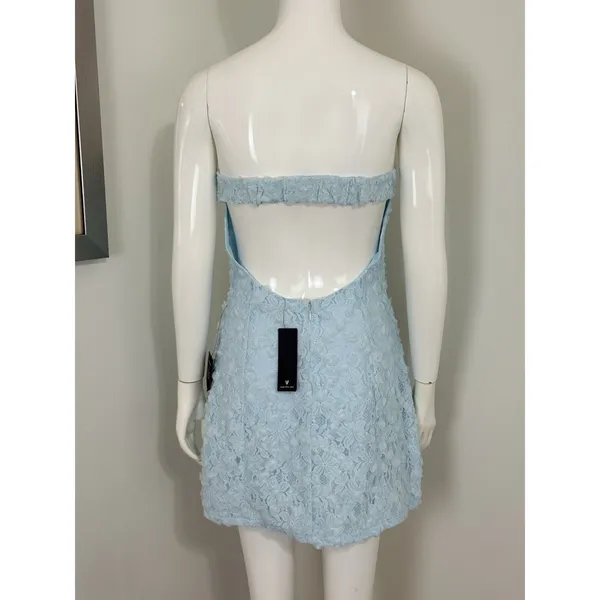 Lulus Light Blue Lace Mini Dress Strapless Backless 3D Floral Coquette NWT M - Image 8