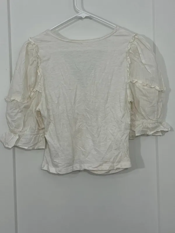 Anthropologie Medium Cream Ruffled Ruched Center V-Neck Blouse - Image 3
