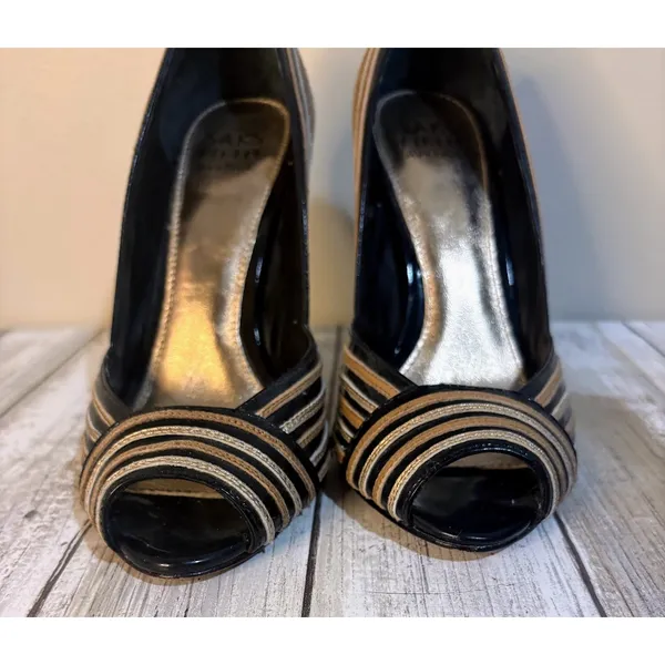 Saks Fifth Avenue Gold, Black, & Silver Peep Toe‎ Heels Size 6 - Image 3