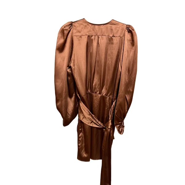 DRESS‎ FORUM Satin Bronze Brown Ruched Sleeve Wrap Mini Dress Sz S - Image 4
