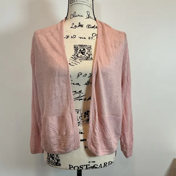 Nanette Lepore 100% Linen Cardigan Open Knit Lightweight Pink Sweater‎ Sz L - Image 2