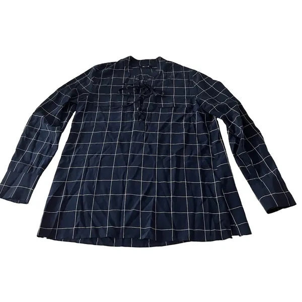 Madewell Silk Lace-up Shirt Blouse Windowpane Plaid Navy White Size Small - Image 2