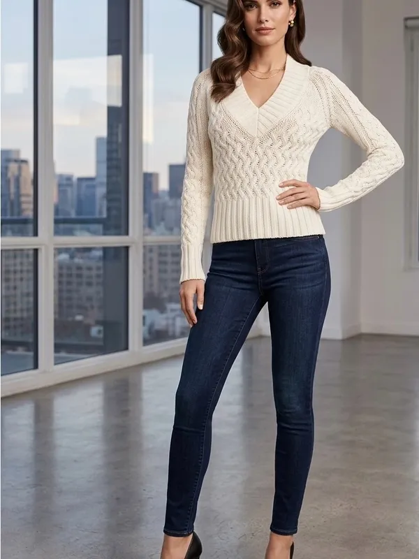 Banana Republic White Cable Knit V-Neck Sweater - Image 9