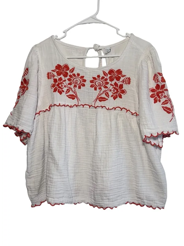 Old Navy Embroidered Crinkle Gauze Boho Peasant Top Orange Floral Scallop XL - Image 2