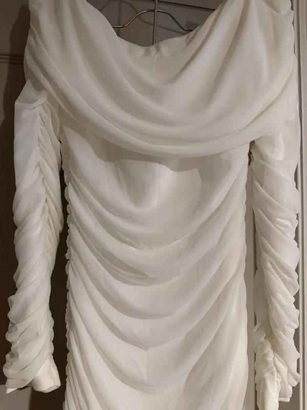 Amazon White Off The Shoulder Fitted Ruched Long Meshed Dress - Image 3
