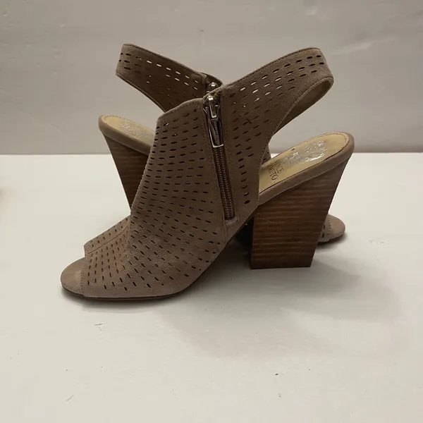 Vince Camuto Kellija Taupe Suede Perforated Peep Toe Block Heel Booties Size 7.5 - Image 9