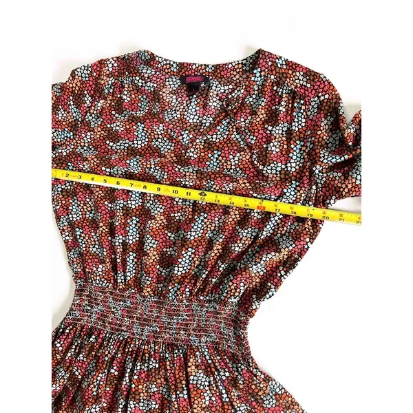 Rock & Roll Cowgirl Sz L Ditsy Floral Print Flowy Mini Dress Rust Copper Smocked Waist - Image 8