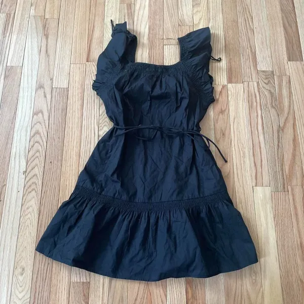 Gap Black Square Neck Mini Dress Womens Small Black Ruffle Strap Tiered Cottage - Image 2