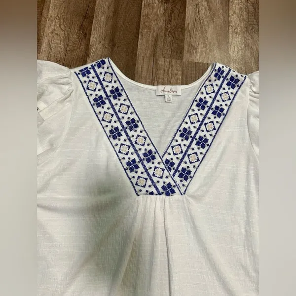 Anneliese Women's XL White‎ Embroidered V-Neck Flutter Sleeve Boho Blouse - Image 5