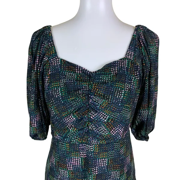 Cabi Sweetheart Neck Ruched Puff Sleeve Midi Dress Multicolor Plaid Medium - Image 3