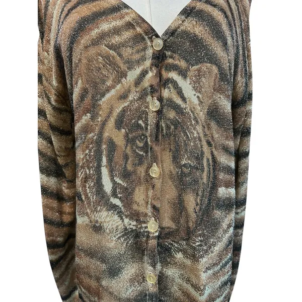 Iris Singer Italy Metallic Tiger Animal Print Lurex Cardigan S/M Y2K FLAW Artsy - Image 3
