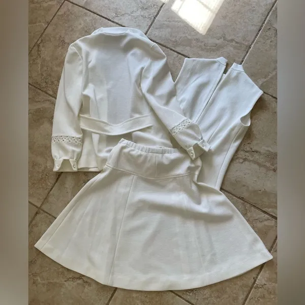 Vintage 60s Handmade Skirt Set Three‎ Piece Jacket Top Eyelet Sz S Off White - Image 3