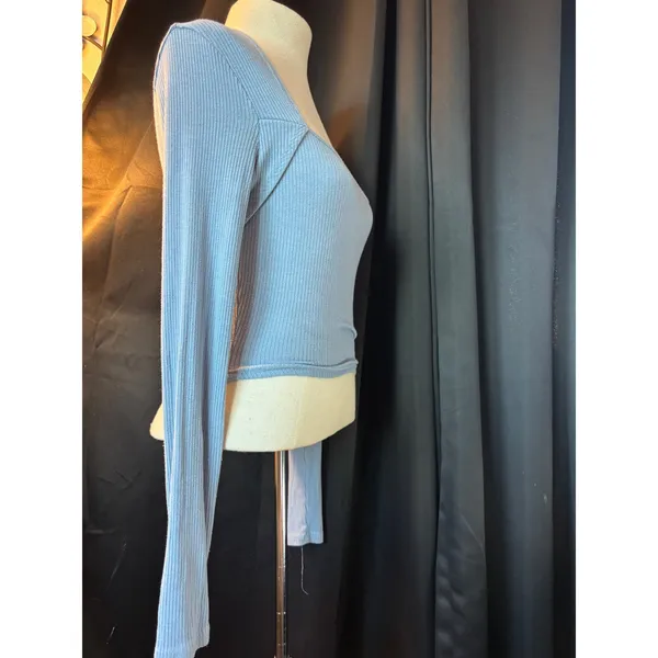 Long Sleeve Ribbed Square Neck Wrap Tie Top Dusty Blue Cropped Knit - Image 3
