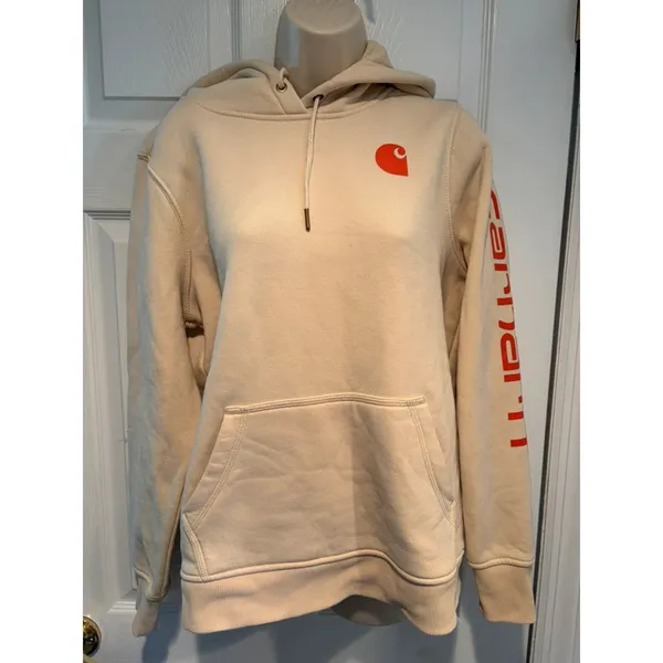 Carhartt Womens Relaxed Fit Hoodie Cream Logo Sleeve‎ Pullover 102791 M 8-10 - Image 2