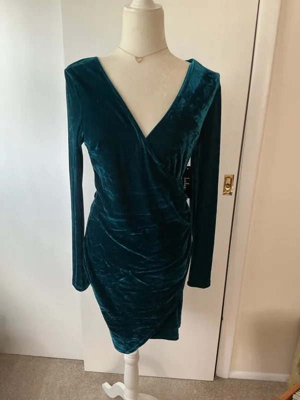 Lulus Sexy Velvet Blue Teal Ruched Long Sleeve Bodycon Dress- Sz M-Nwt - Image 5