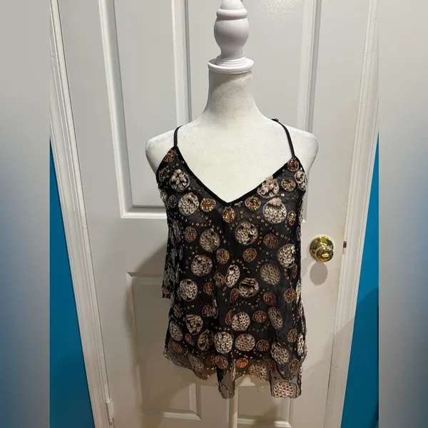 Anthropologie Let Me Be Embellished Tank top sequence M black gold new NWT - Image 3