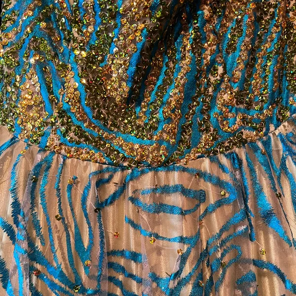 NWT Studio 17 House of Wu Lime Turquoise Gold Strapless Gown 8 - Image 5
