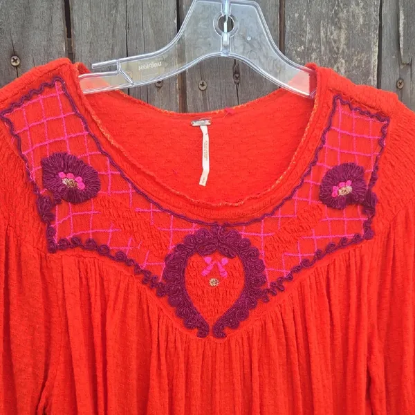 Free People Red Long Sleeve Embroidered Peasant Top - Image 3