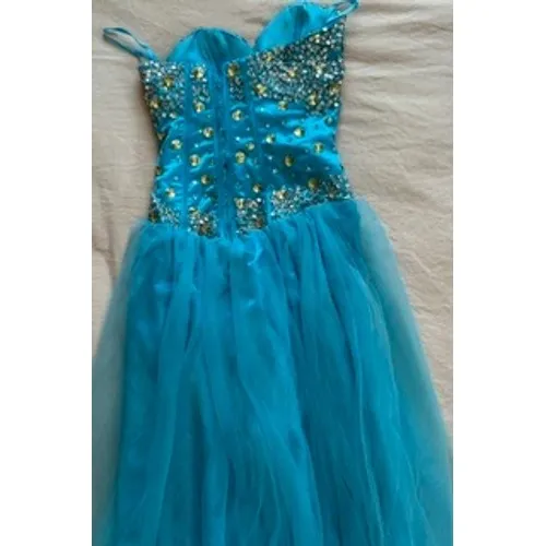 Aqua Blue Rhinestone Embellished Tulle Prom Gown Corset Back Sweetheart Dress - Image 6