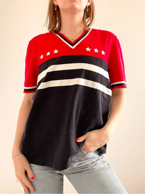 White Stag Patriotic Red & Blue Star Stripe V-Neck Knit Top - Image 3