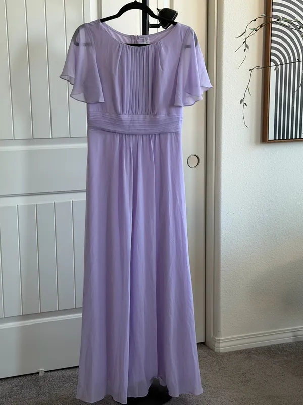 Lavender Chiffon Maxi Dress Flutter Short Sleeve Formal Gown with Pearl Necklace for Wedding Party Evening - Image 5
