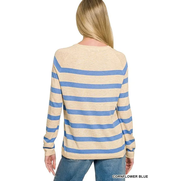 Zenana Lightweight Wool Blend Striped‎ Round Neck Sweater - Medium - Image 3